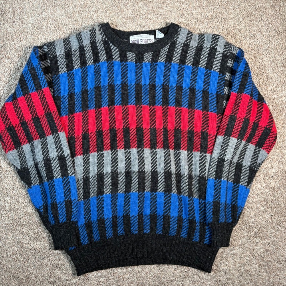 New Forces Vintage Plaid‎ Knit Sweater Colorful Patterned Pullover Large Wool